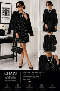 Chaps Polka Dot Shift Dress Medium Black White Long Sleeve Keyhole Back Chic